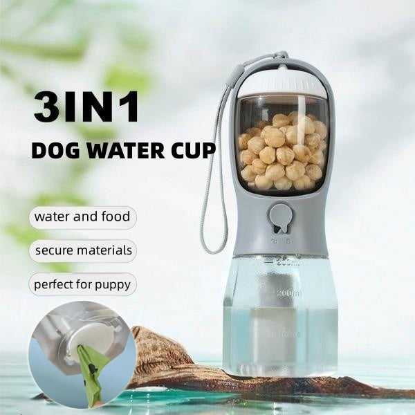 3-in-1 Portable Pet Water, Food & Waste Bag Travel Cup