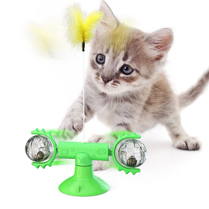 Rotating Windmill Cat Toy with Suction Base & Luminous Balls