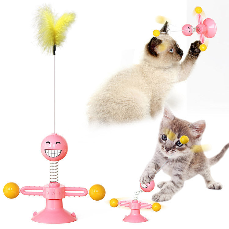 Rotating Windmill Cat Toy with Suction Base & Luminous Balls