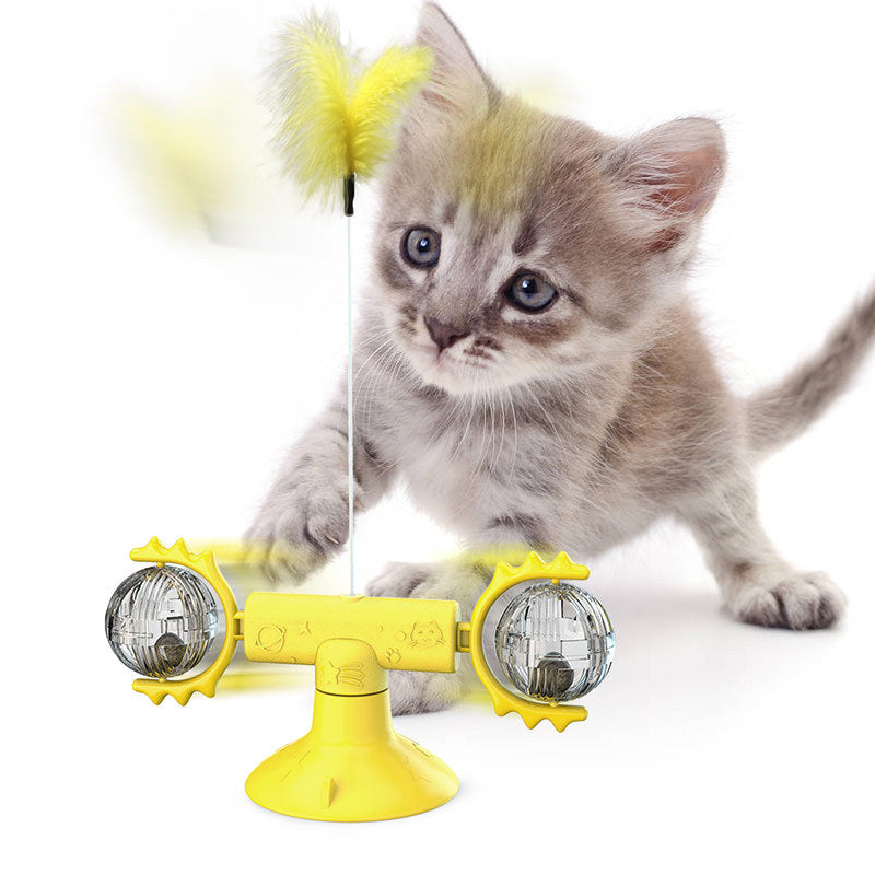 Rotating Windmill Cat Toy with Suction Base & Luminous Balls