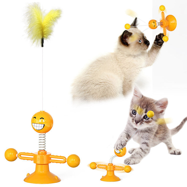 Rotating Windmill Cat Toy with Suction Base & Luminous Balls