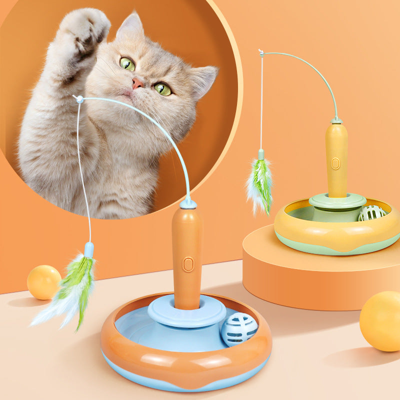 2-in-1 Interactive Turntable Cat Toy with Feather